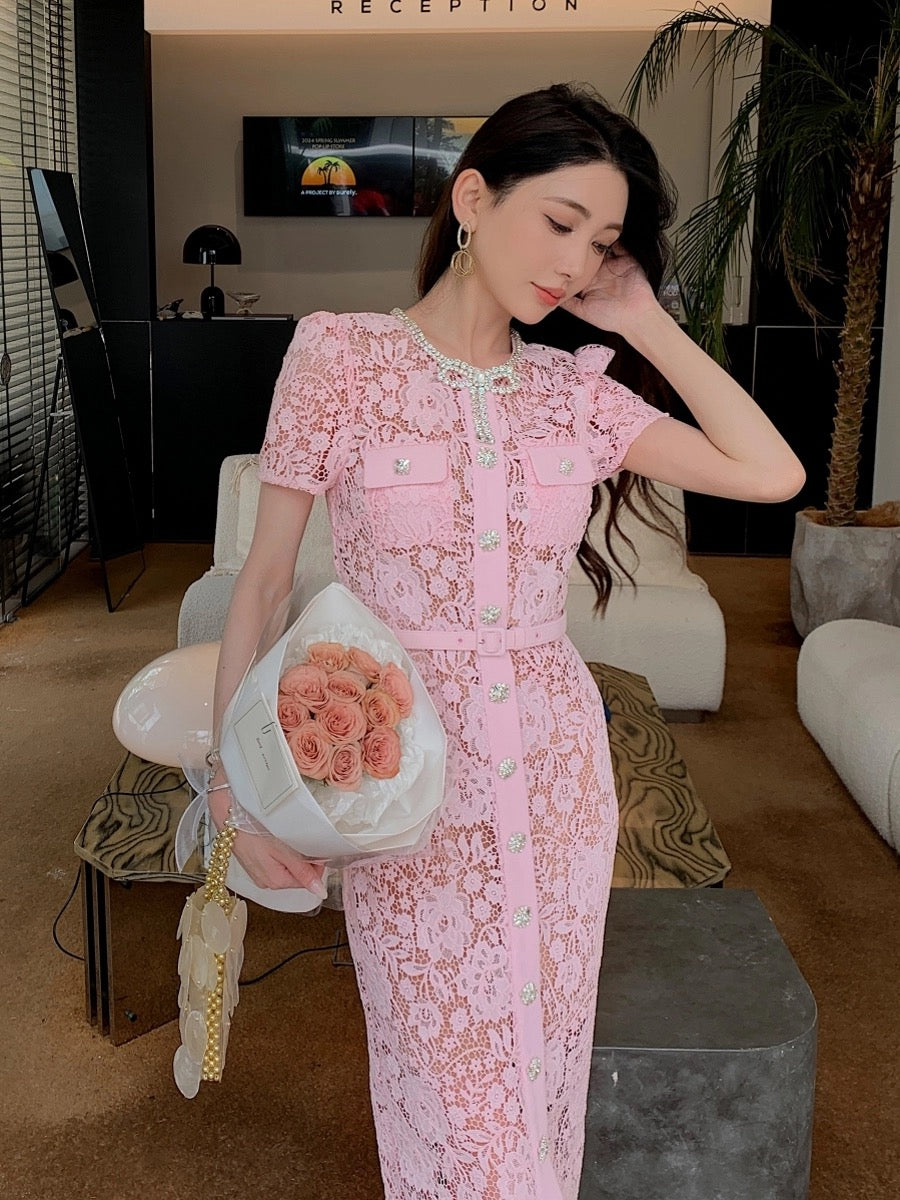 Lotus pink lace luxury bow round neck short-sleeved long skirt high-end French style dress that covers the body and looks slimming