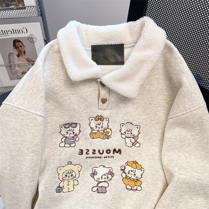 Petite women's unique polo collar sweatshirt with cat embroidery, stylish and cute design, perfect for autumn and winter. Fleece lining.