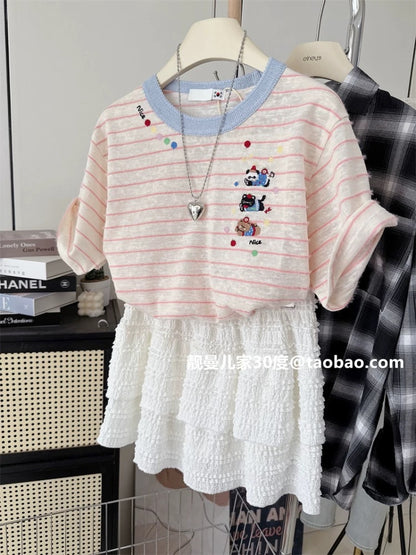 Lightweight and breathable ~ Contrast color puppy embroidery simple contrast color top classic stripes versatile summer women's short-sleeved T-shirt