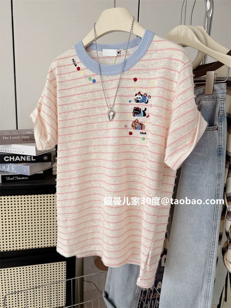Lightweight and breathable ~ Contrast color puppy embroidery simple contrast color top classic stripes versatile summer women's short-sleeved T-shirt
