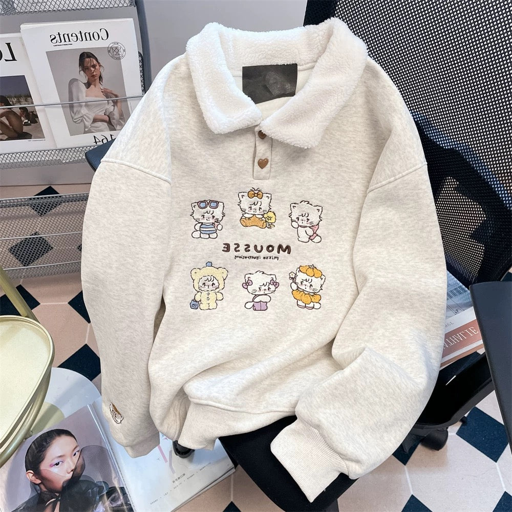 Petite women's unique polo collar sweatshirt with cat embroidery, stylish and cute design, perfect for autumn and winter. Fleece lining.