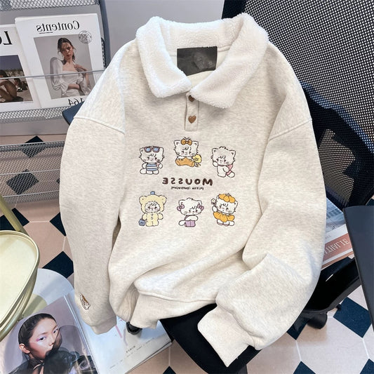 Petite women's unique polo collar sweatshirt with cat embroidery, stylish and cute design, perfect for autumn and winter. Fleece lining.