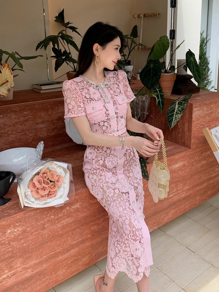 Lotus pink lace luxury bow round neck short-sleeved long skirt high-end French style dress that covers the body and looks slimming