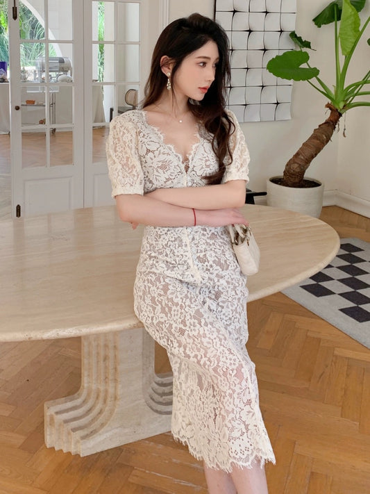Ivory White Lace Slim Fit Long Dress High Waist Classic Engagement Certificate Dress Can Be Weared Daily