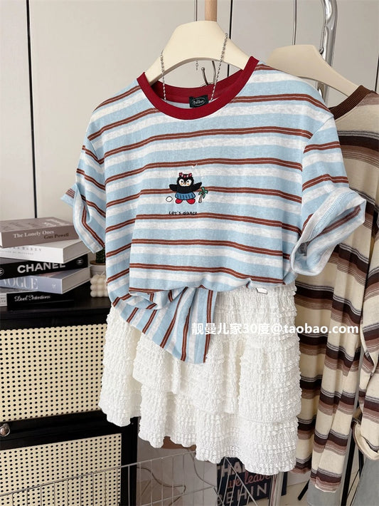 Korean style ~ all-match round neck penguin embroidered striped short-sleeved T-shirt for women in summer, loose and casual, simple tops