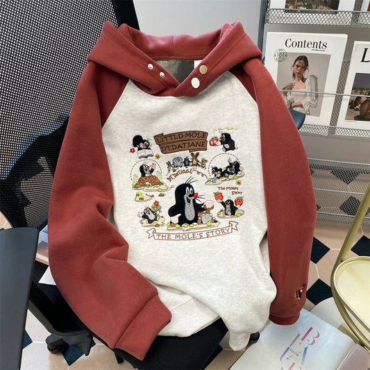 Super stylish heavy-duty cartoon embroidered hooded sweatshirt for men and women, autumn and winter, fleece-lined, retro American color-blocked raglan sleeve top