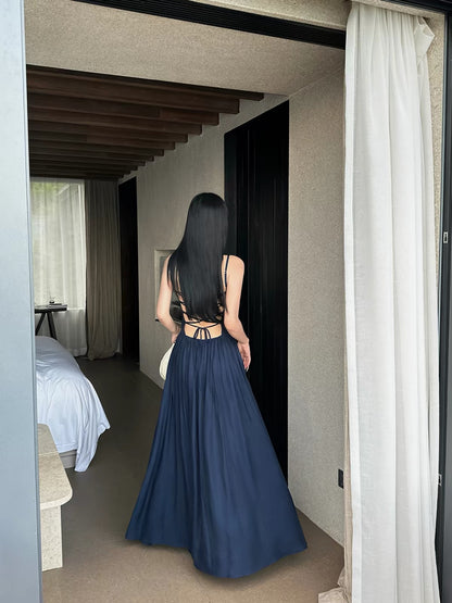 VENUIE French-style navy blue camisole maxi dress—perfect for seaside photoshoots, vacations, and picture-perfect moments.