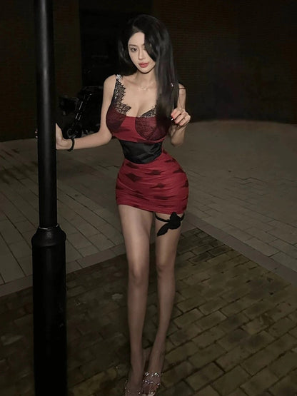 New Year 2024 Spring and Summer Sexy Lace Spliced Suspender Dress Printed Contrast Color Waist Slim Fit Hip Skirt