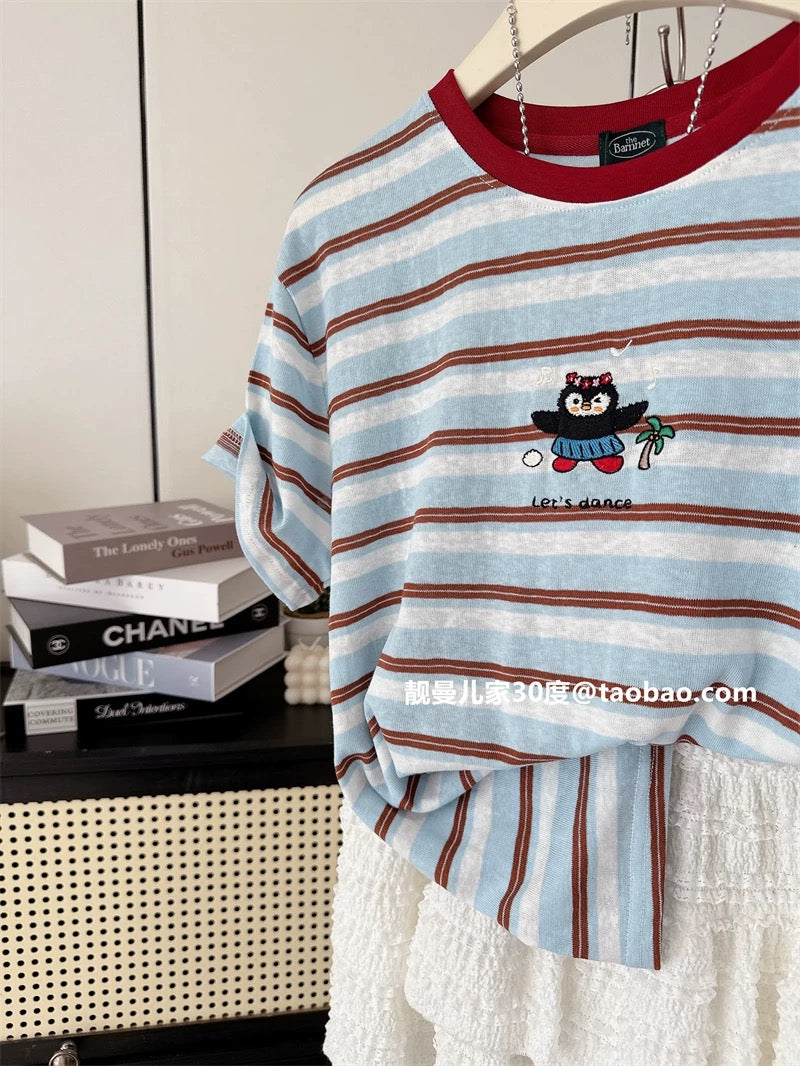 Korean style ~ all-match round neck penguin embroidered striped short-sleeved T-shirt for women in summer, loose and casual, simple tops