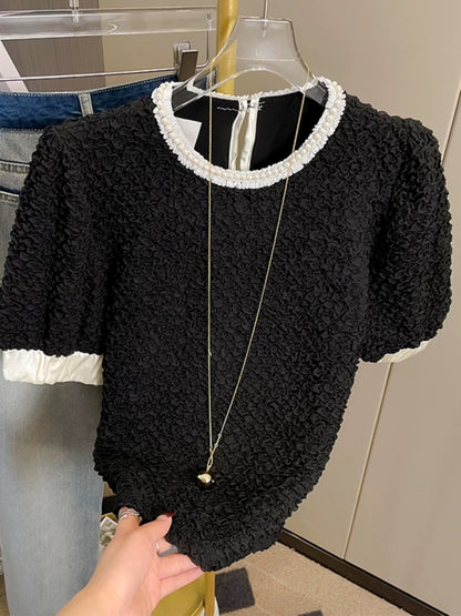 Summer new style French beaded lace round neck short-sleeved shirt women's short fungus pleated puff sleeve top trendy