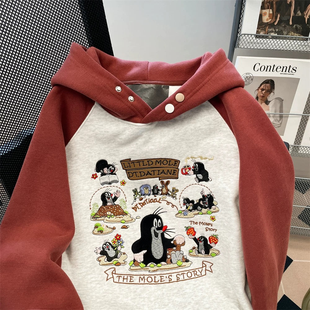 Super stylish heavy-duty cartoon embroidered hooded sweatshirt for men and women, autumn and winter, fleece-lined, retro American color-blocked raglan sleeve top