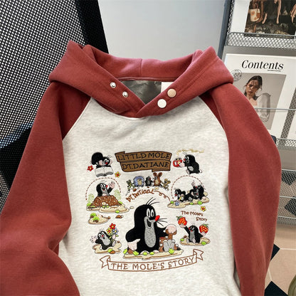 Super stylish heavy-duty cartoon embroidered hooded sweatshirt for men and women, autumn and winter, fleece-lined, retro American color-blocked raglan sleeve top