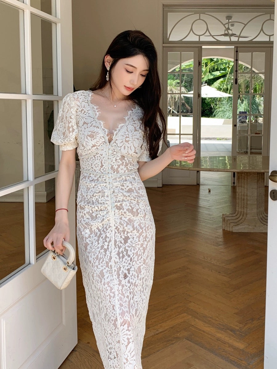 Ivory White Lace Slim Fit Long Dress High Waist Classic Engagement Certificate Dress Can Be Weared Daily