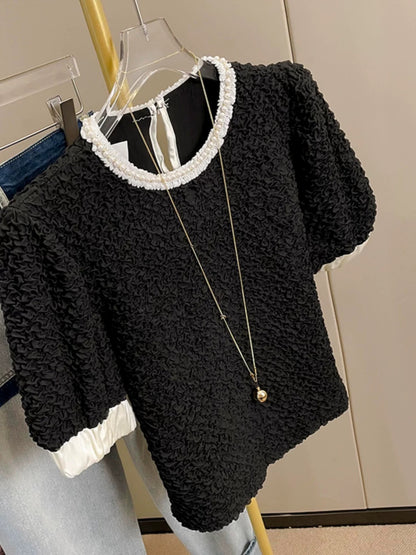 Summer new style French beaded lace round neck short-sleeved shirt women's short fungus pleated puff sleeve top trendy