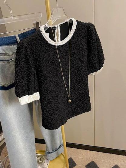 Summer new style French beaded lace round neck short-sleeved shirt women's short fungus pleated puff sleeve top trendy