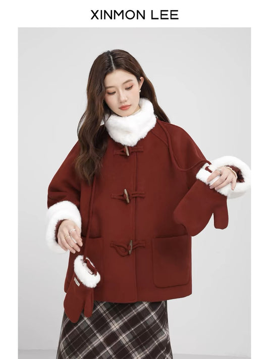 XinmonLee super nice retro Christmas red little woolen coat winter velvet women's loose top