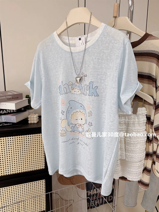 Beaded print ~ contrasting sea salt milk blue summer thin tops age-reducing refreshing female Korean niche short-sleeved T-shirt