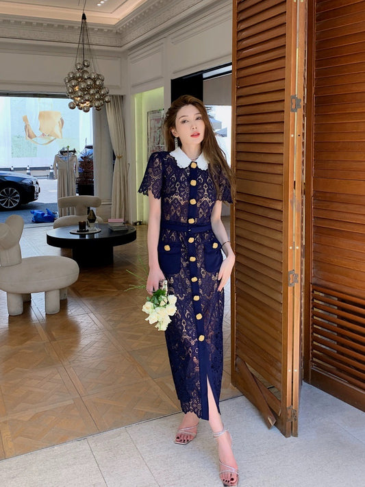 Wealth daughter's high-end long dress dark blue heavy lace contrasting color doll collar elegant temperament slim dress