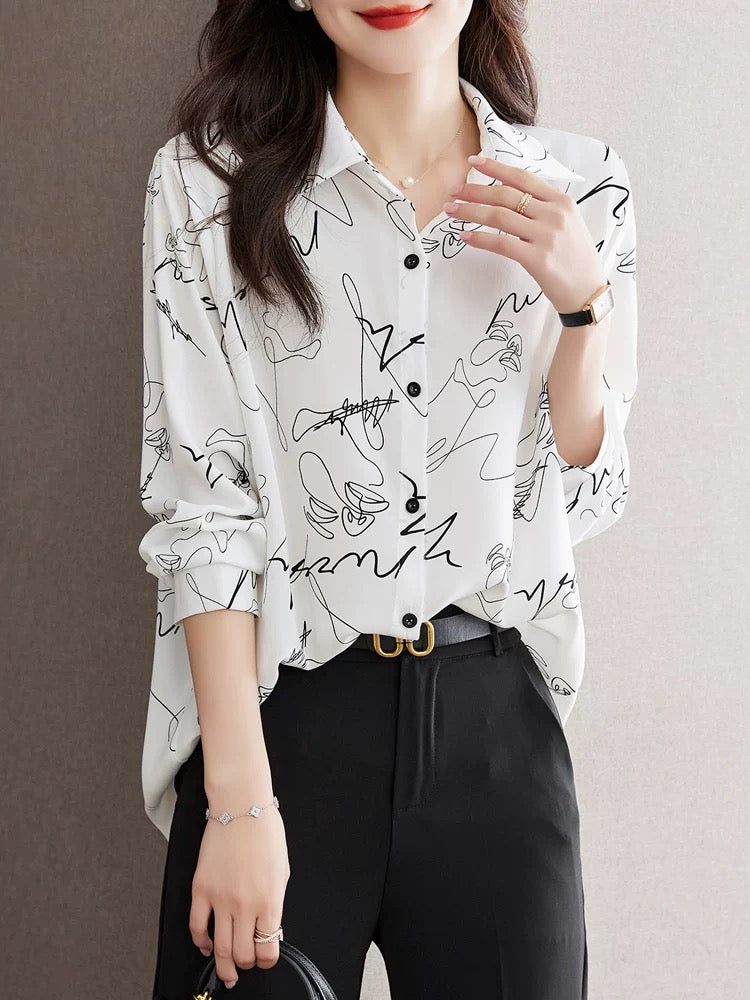 Autumn 2024 new design beautiful small shirt printed shirt loose casual chiffon shirt niche tops for wome