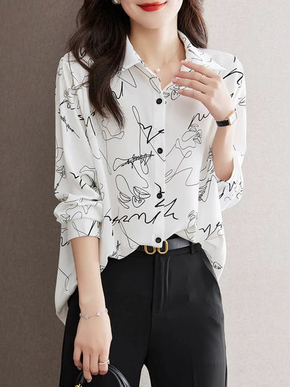 Autumn 2024 new design beautiful small shirt printed shirt loose casual chiffon shirt niche tops for wome
