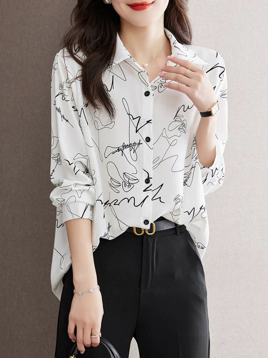 Autumn 2024 new design beautiful small shirt printed shirt loose casual chiffon shirt niche tops for wome