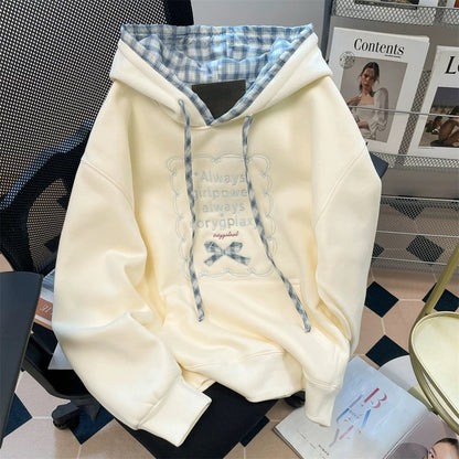 2025 European Style Hot Selling Color Block Plaid Hooded Sweatshirt for Men and Women, Retro, Youthful, Stylish Embroidered Fleece Lined Top