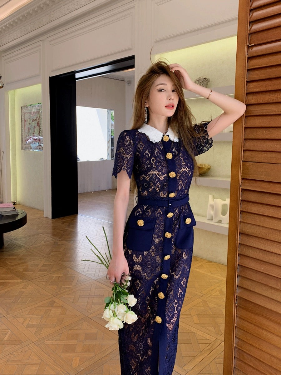 Wealth daughter's high-end long dress dark blue heavy lace contrasting color doll collar elegant temperament slim dress