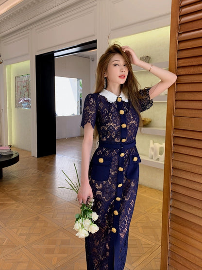 Wealth daughter's high-end long dress dark blue heavy lace contrasting color doll collar elegant temperament slim dress