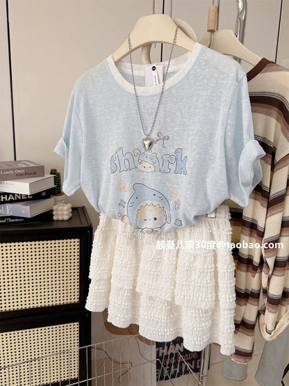 Beaded print ~ contrasting sea salt milk blue summer thin tops age-reducing refreshing female Korean niche short-sleeved T-shirt