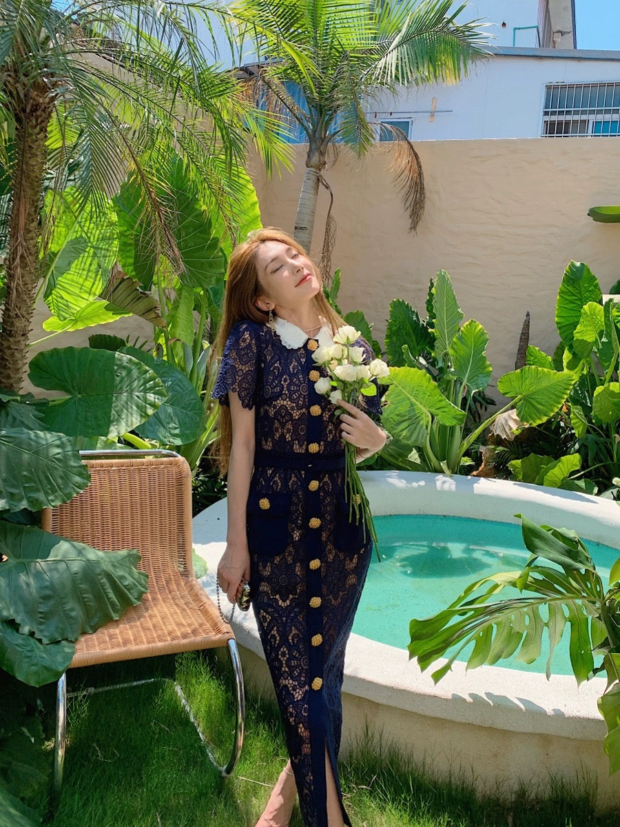 Wealth daughter's high-end long dress dark blue heavy lace contrasting color doll collar elegant temperament slim dress