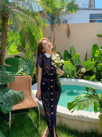 Wealth daughter's high-end long dress dark blue heavy lace contrasting color doll collar elegant temperament slim dress