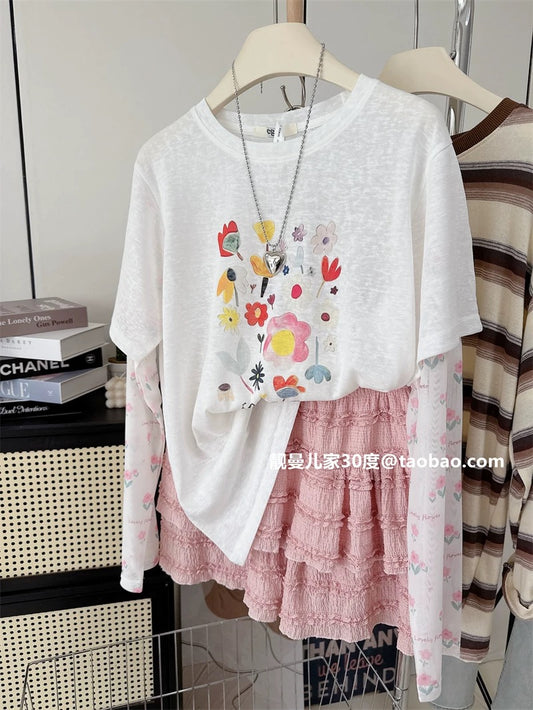 Fresh and sweet ~ spliced sleeve fake two-piece long-sleeved T-shirt female summer tops light Korean style sunscreen shirt trend