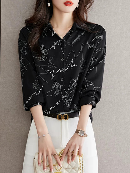 Autumn 2024 new design beautiful small shirt printed shirt loose casual chiffon shirt niche tops for wome