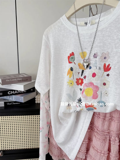 Fresh and sweet ~ spliced sleeve fake two-piece long-sleeved T-shirt female summer tops light Korean style sunscreen shirt trend