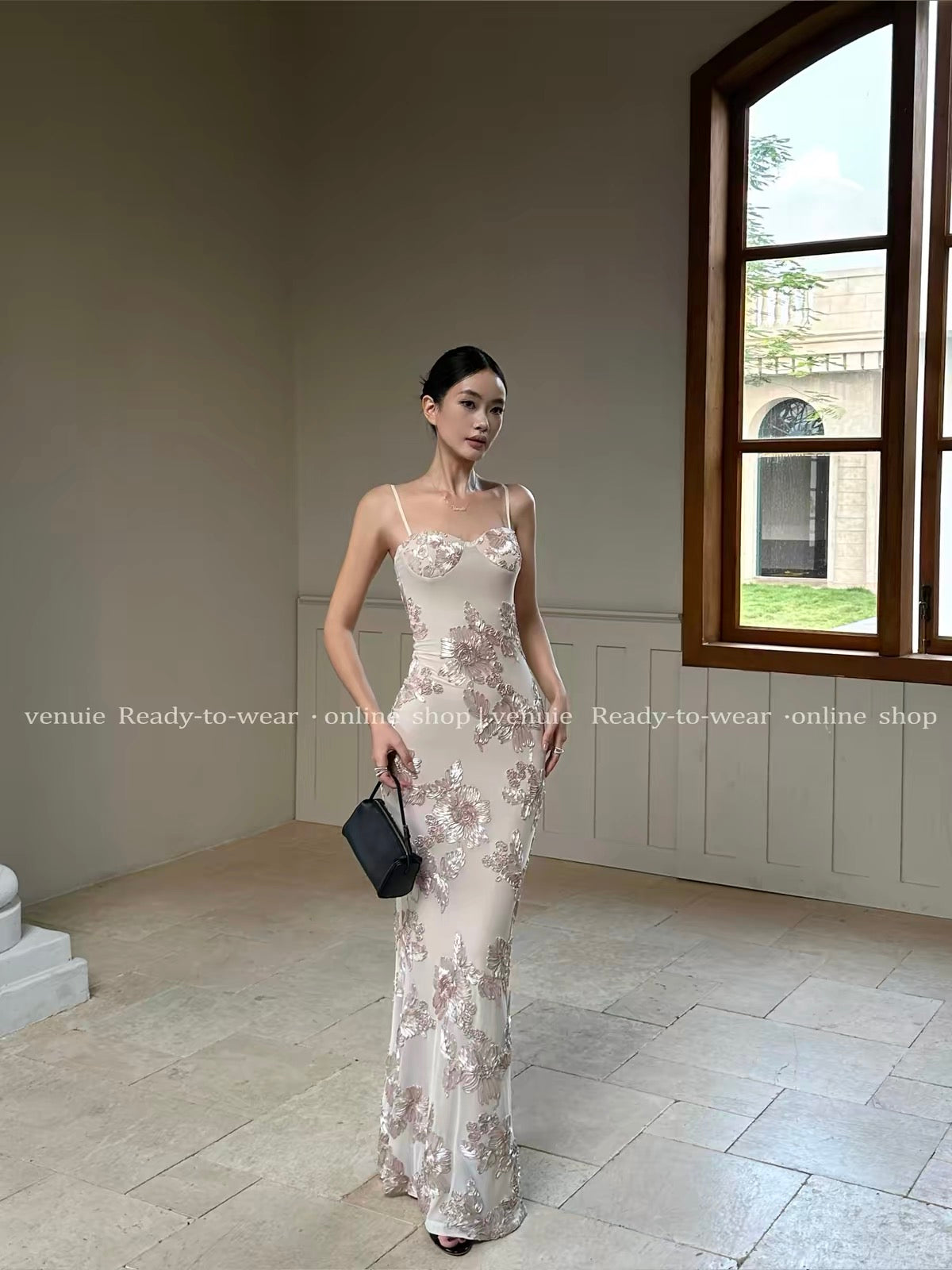 VENUIE French-style sophisticated, affordable luxury birthday evening gown—a form-fitting, hip-hugging camisole dress featuring a long tulle skirt.