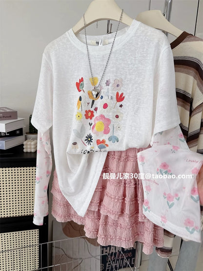 Fresh and sweet ~ spliced sleeve fake two-piece long-sleeved T-shirt female summer tops light Korean style sunscreen shirt trend