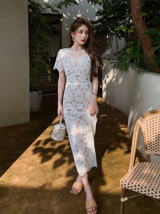 Spring and summer high-end off-white heavy-duty lace short-sleeved V-neck dress high-waisted slim-fit paper man pencil long skirt