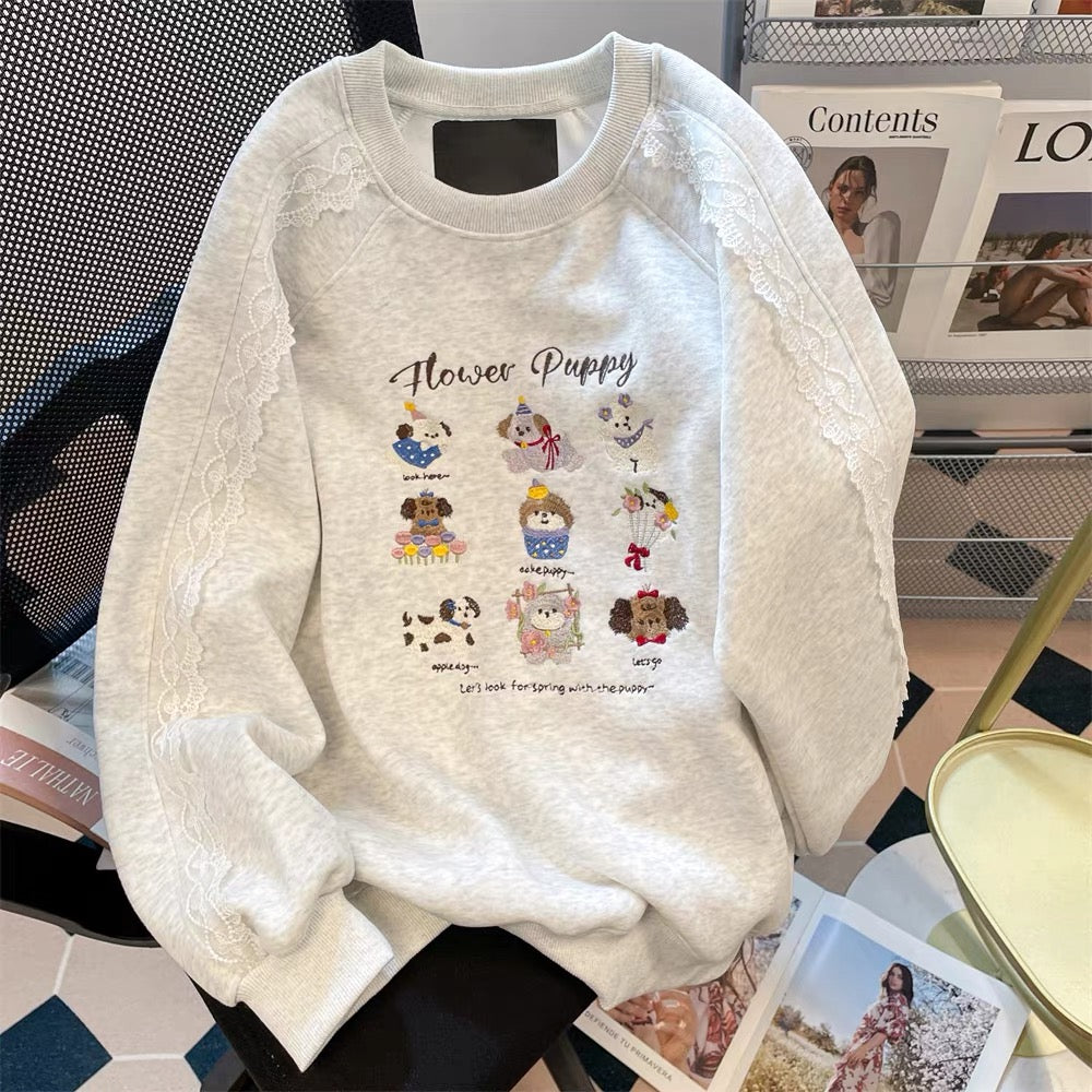 Korean-style fashionable cartoon puppy embroidered sweatshirt for women, autumn, petite, sweet, youthful, loose and casual top.