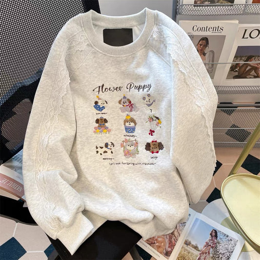 Korean-style fashionable cartoon puppy embroidered sweatshirt for women, autumn, petite, sweet, youthful, loose and casual top.