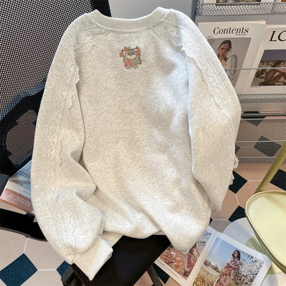 Korean-style fashionable cartoon puppy embroidered sweatshirt for women, autumn, petite, sweet, youthful, loose and casual top.