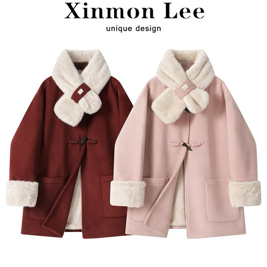 XinmonLee's high-end and super-good-looking mid-length woolen coat winter velvet thickened temperament women's coat
