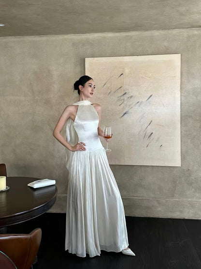 VENUIE French-style satin halter dress—an exquisite, elegant long gown perfect for graduation, engagement, birthdays, or semi-formal occasions.