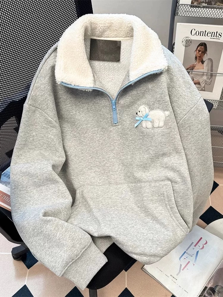 Korean-style design puppy collar half-zip sweatshirt for women, autumn and winter thickened fleece long-sleeved polo shirt top/jacket