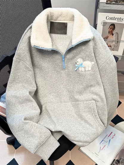 Korean-style design puppy collar half-zip sweatshirt for women, autumn and winter thickened fleece long-sleeved polo shirt top/jacket