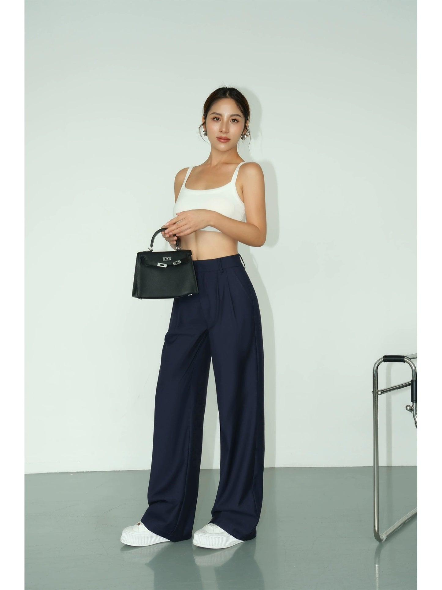 NEVA HU Black High Waist Straight Suit Pants Women's 2024 Spring New Loose Drape Casual Floor-Mopping Pants