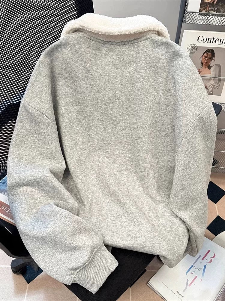 Korean-style design puppy collar half-zip sweatshirt for women, autumn and winter thickened fleece long-sleeved polo shirt top/jacket