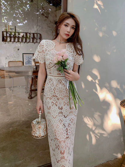 Spring and summer high-end off-white heavy-duty lace short-sleeved V-neck dress high-waisted slim-fit paper man pencil long skirt