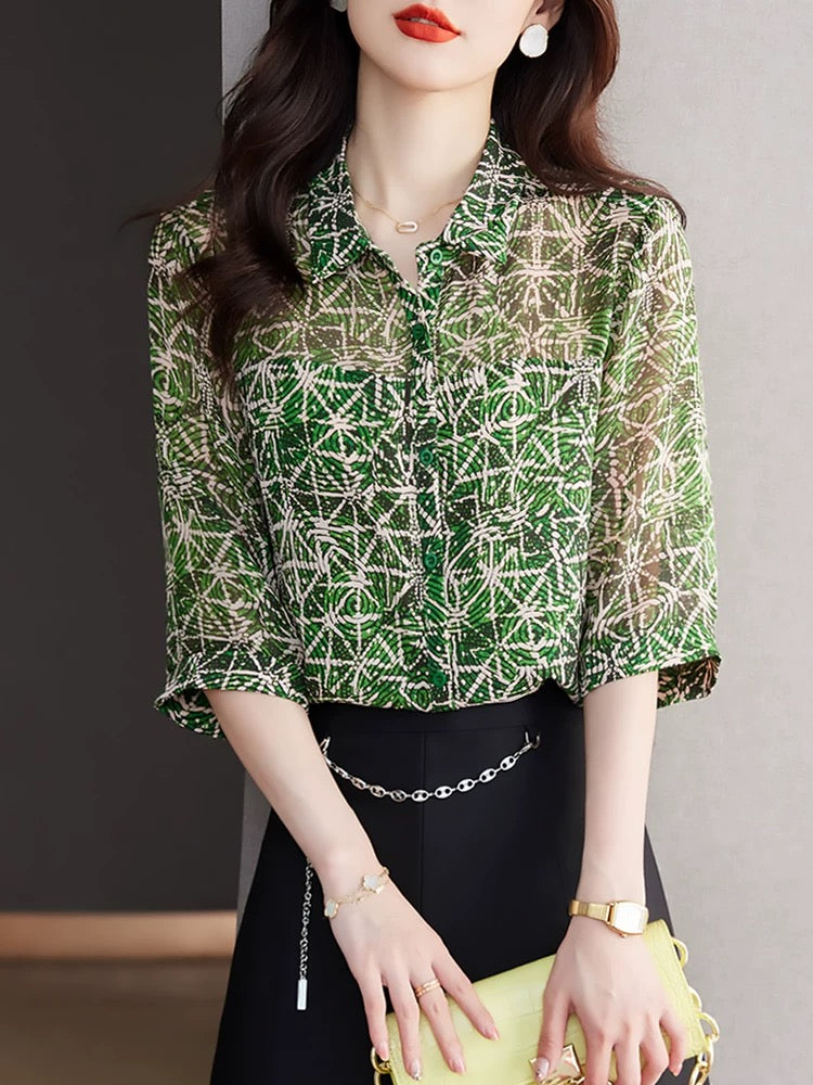 Mid-sleeve floral chiffon shirt 2024 new women's fashionable and elegant loose-fitting belly-covering top and slim-fitting shirt