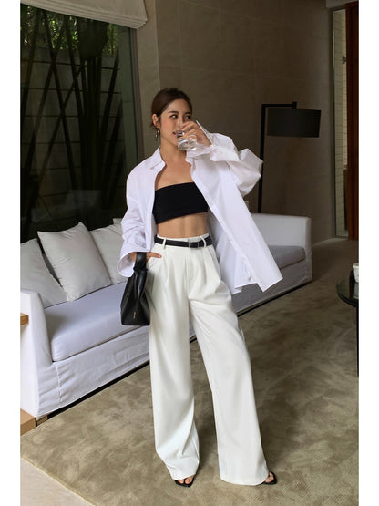 NEVA HU Black High Waist Straight Suit Pants Women's 2024 Spring New Loose Drape Casual Floor-Mopping Pants