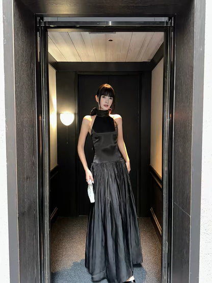 VENUIE French-style satin halter dress—an exquisite, elegant long gown perfect for graduation, engagement, birthdays, or semi-formal occasions.